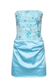 Blue Beaded Ruched Satin Tight Mini Dress