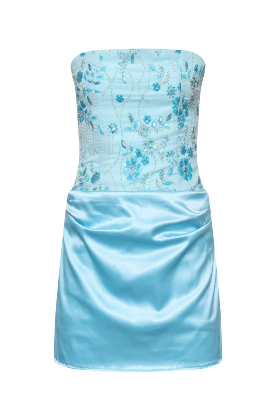 Blue Beaded Ruched Satin Tight Mini Dress