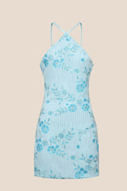 Blue Halter Beaded Fitted Short Dress