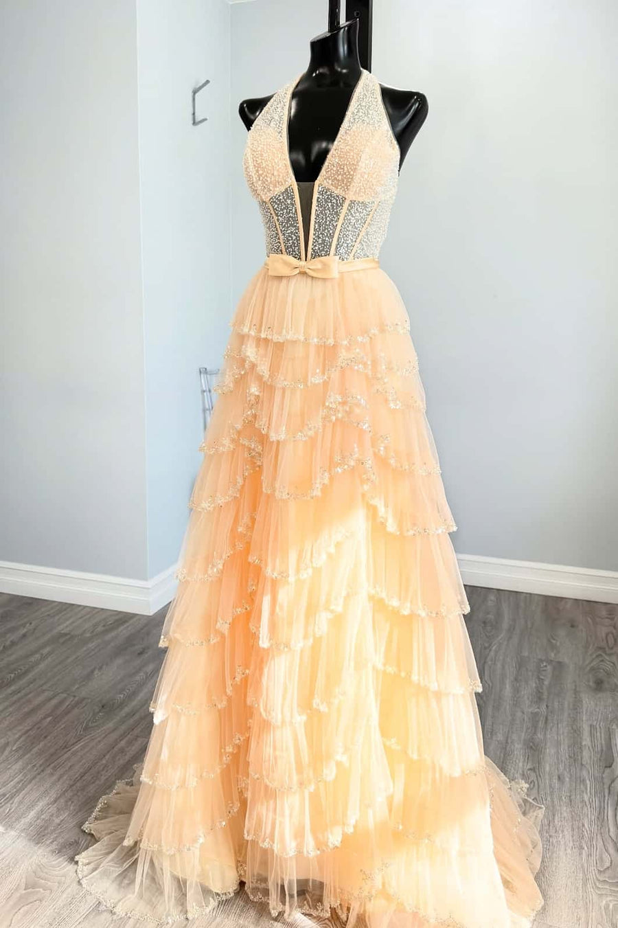 Halter Peach Beaded Ruffle A-line Dress
