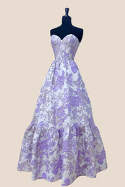 Purple Floral Jacquard Sweetheart A-line Dress