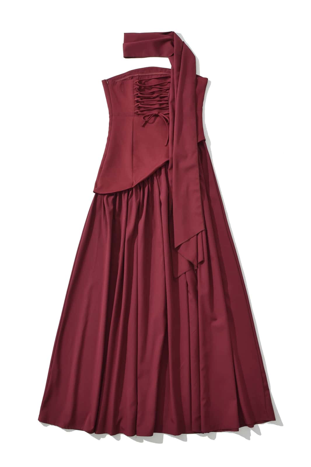 Burgundy Crepe Bodice Gathered Long Dress