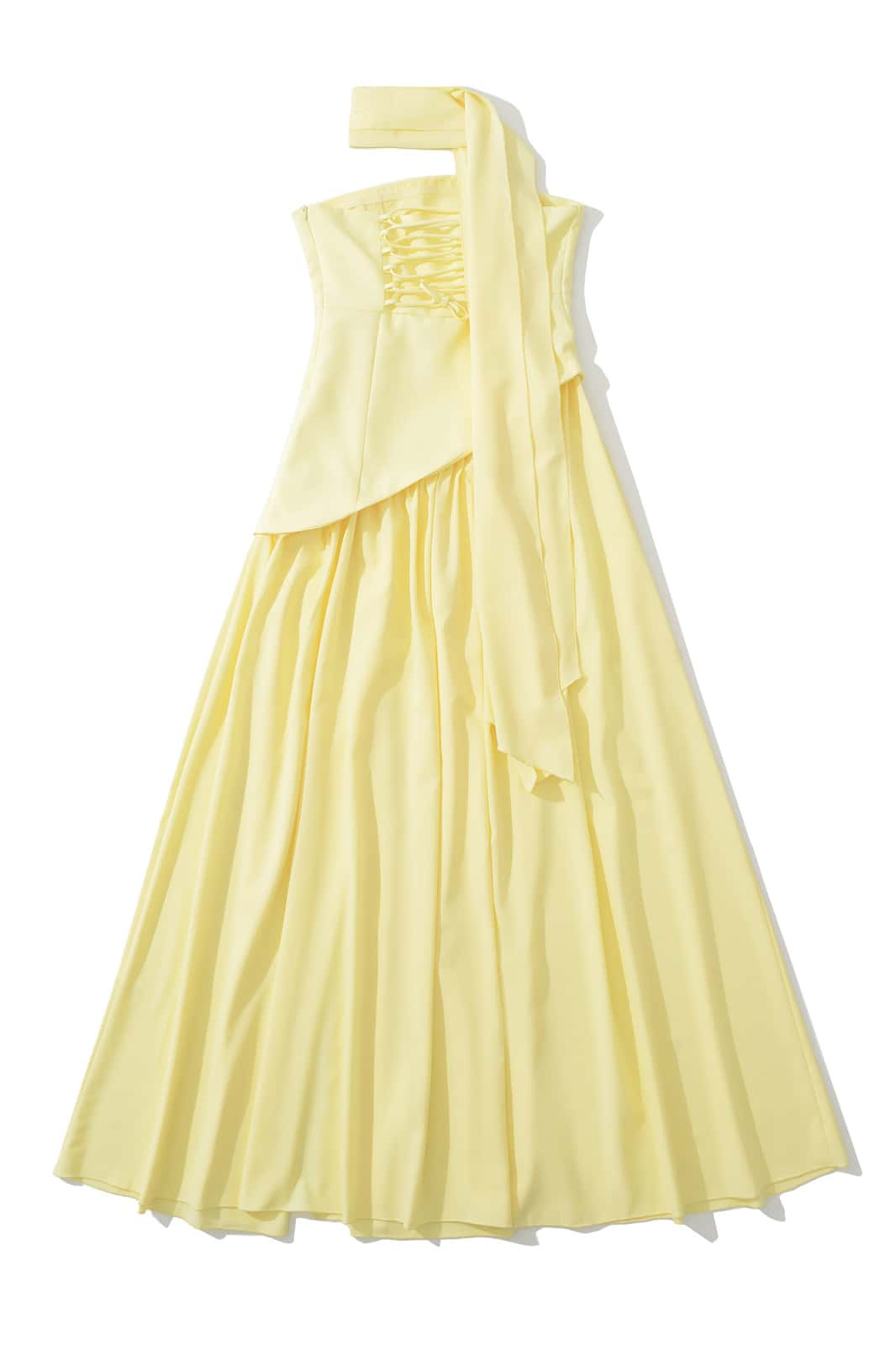 Yellow Crepe Bodice Gathered Long Dress