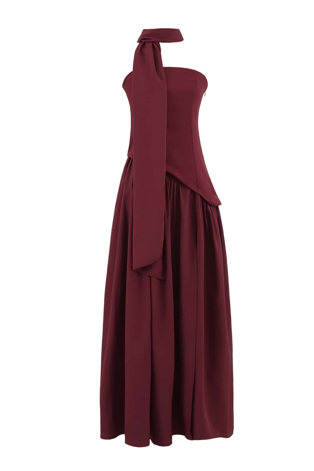 Burgundy Crepe Bodice Gathered Long Dress – Ohmollydress