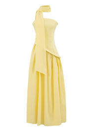 Yellow Crepe Bodice Gathered Long Dress