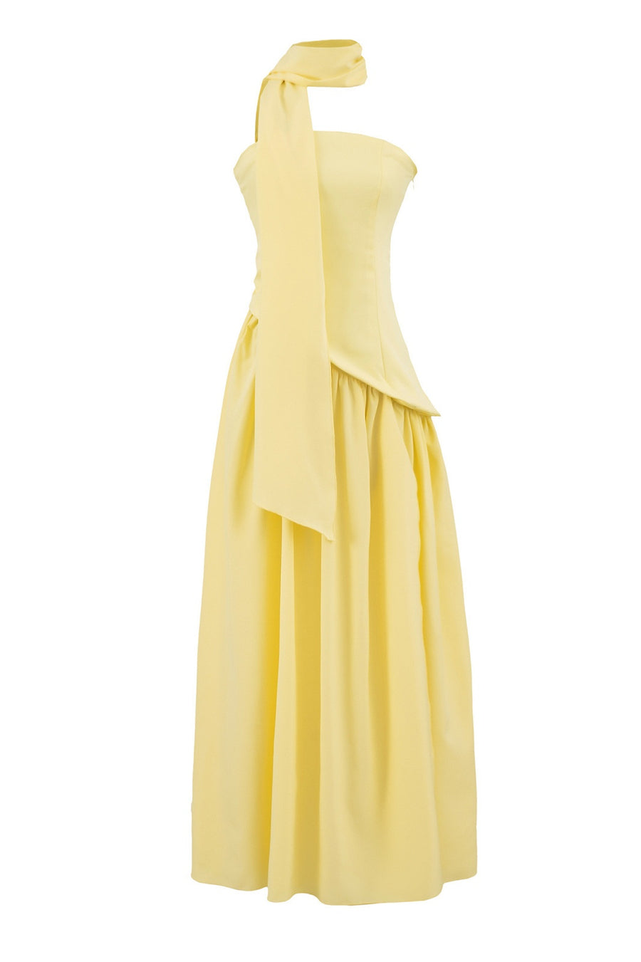 Yellow Crepe Bodice Gathered Long Dress