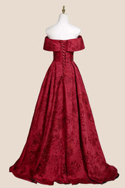 Ruched Off the Shoulder Red Floral Jacquard Gown