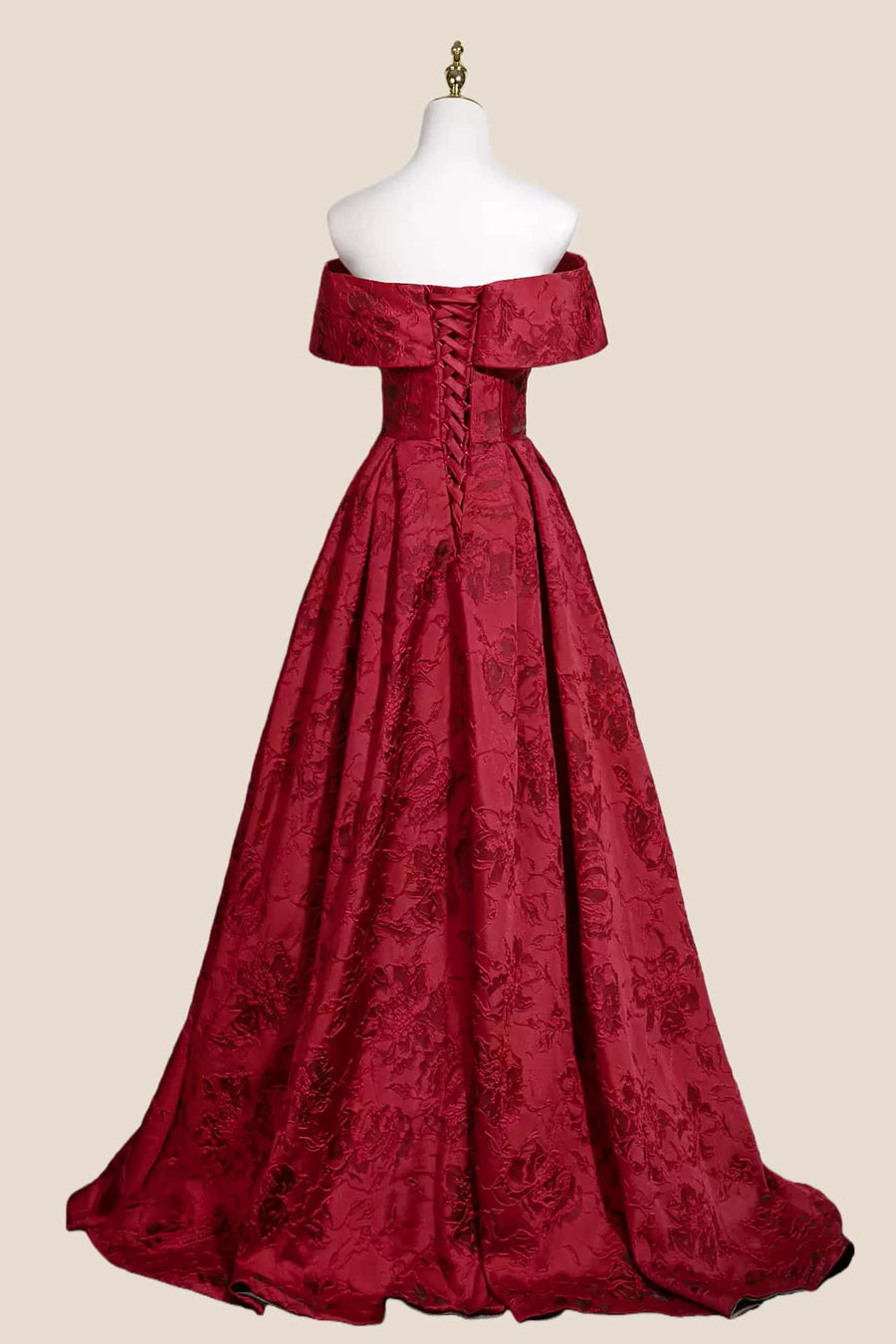 Ruched Off the Shoulder Red Floral Jacquard Gown