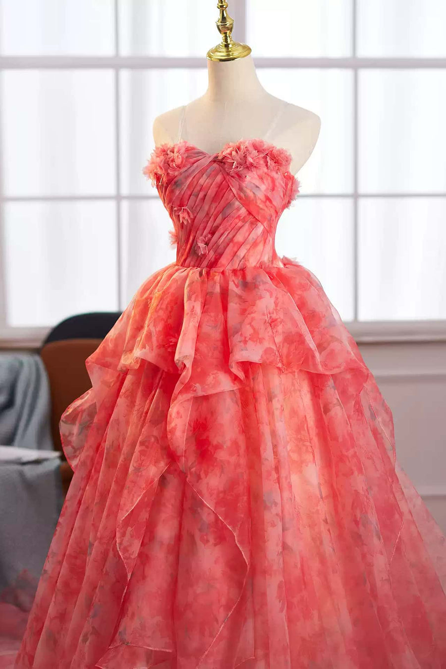 Princess Red Floral Ruffle Long Fairy Dress