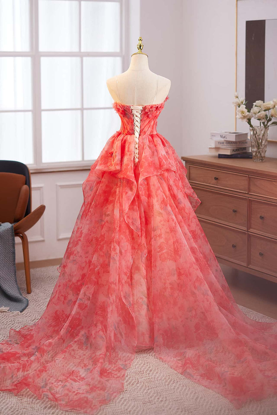 Princess Red Floral Ruffle Long Fairy Dress