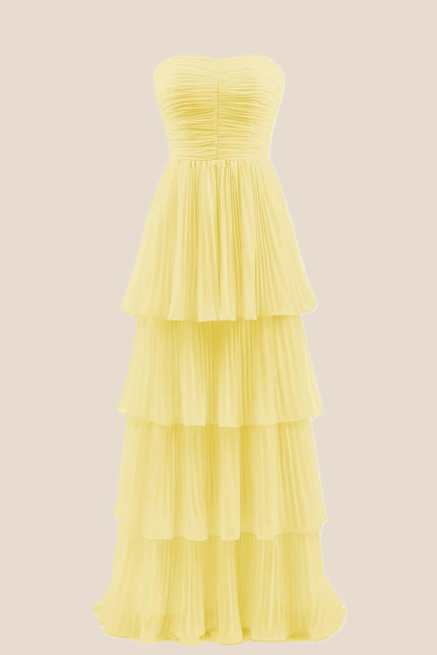 Yellow Chiffon Pleated A-line Tiered Maxi Dress – Ohmollydress
