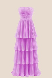 Blue Chiffon Pleated A-line Tiered Maxi Dress