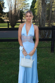 Blue Halter Sheer Plunge Long Maxi Dress