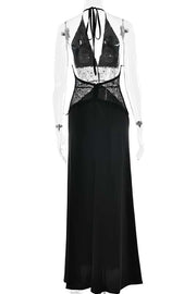 Blue Halter Sheer Plunge Long Maxi Dress