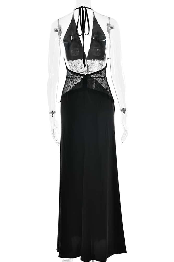 Blue Halter Sheer Plunge Long Maxi Dress