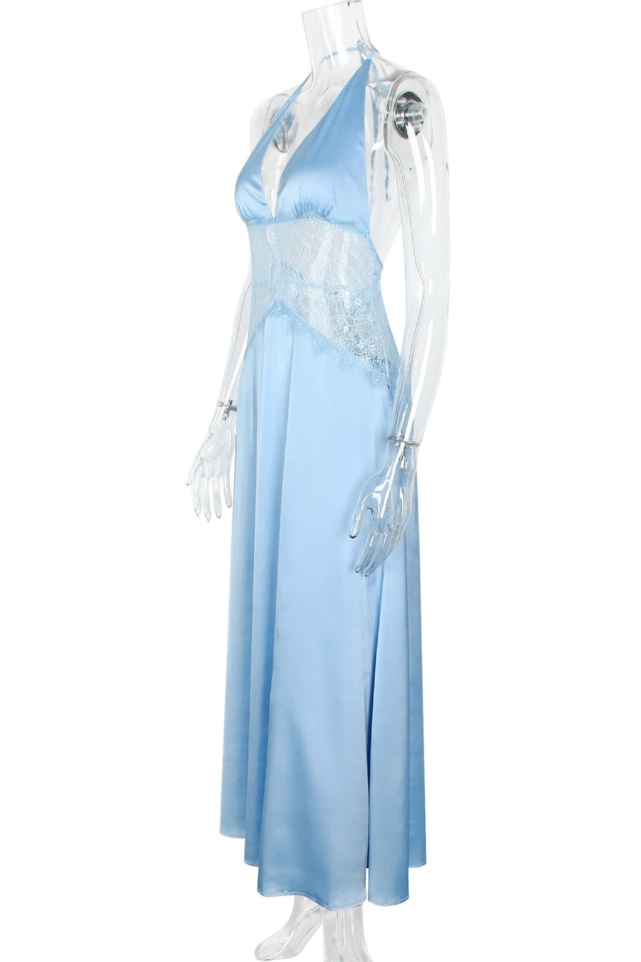 Blue Halter Sheer Plunge Long Maxi Dress