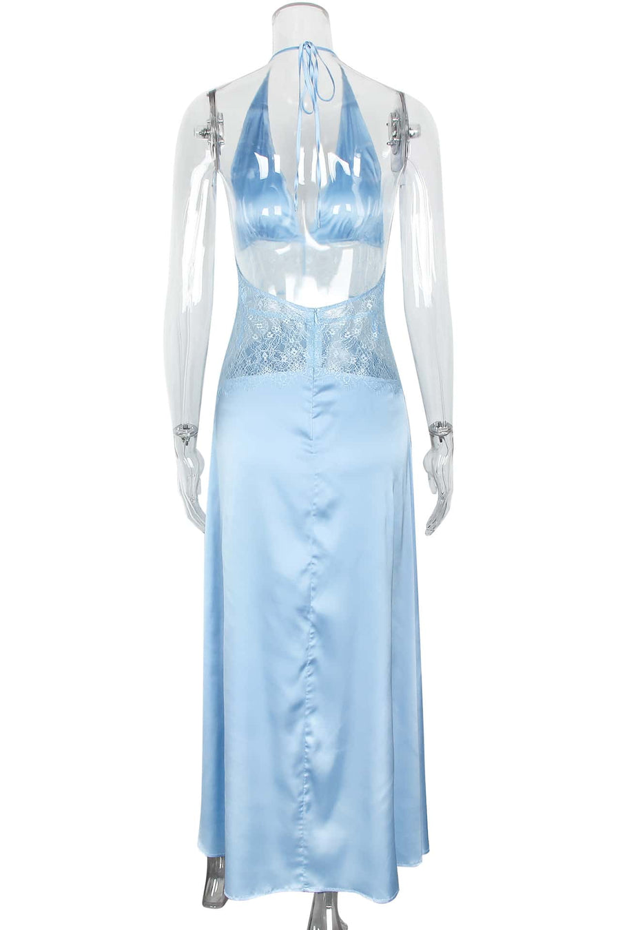 Blue Halter Sheer Plunge Long Maxi Dress