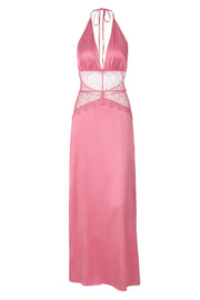 Blue Halter Sheer Plunge Long Maxi Dress