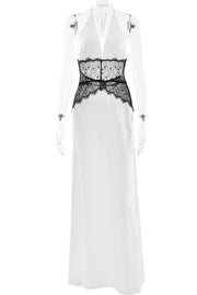 Blue Halter Sheer Plunge Long Maxi Dress