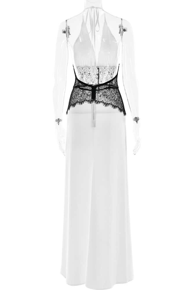 Blue Halter Sheer Plunge Long Maxi Dress