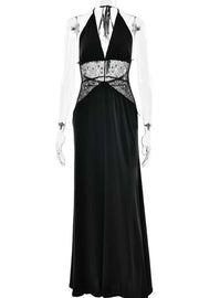 Blue Halter Sheer Plunge Long Maxi Dress