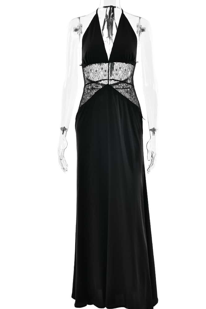 Blue Halter Sheer Plunge Long Maxi Dress