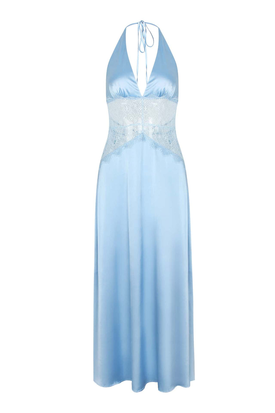 Blue Halter Sheer Plunge Long Maxi Dress