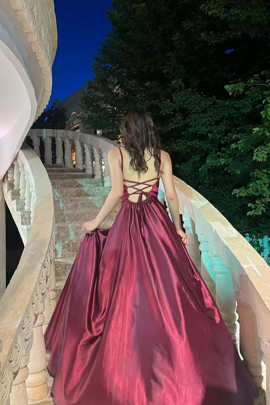 Burgundy Satin Straps A-line Prom Dress