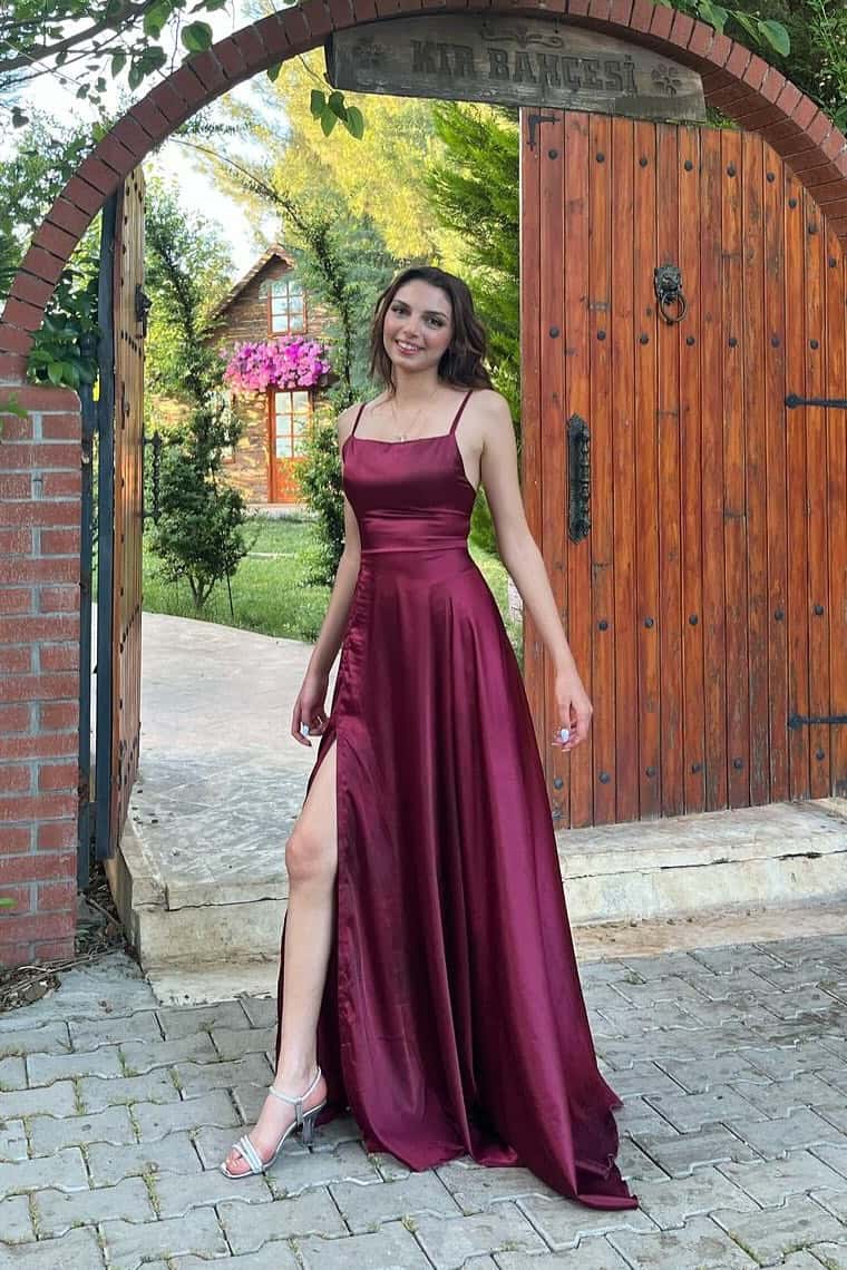 Burgundy Satin Straps A-line Prom Dress