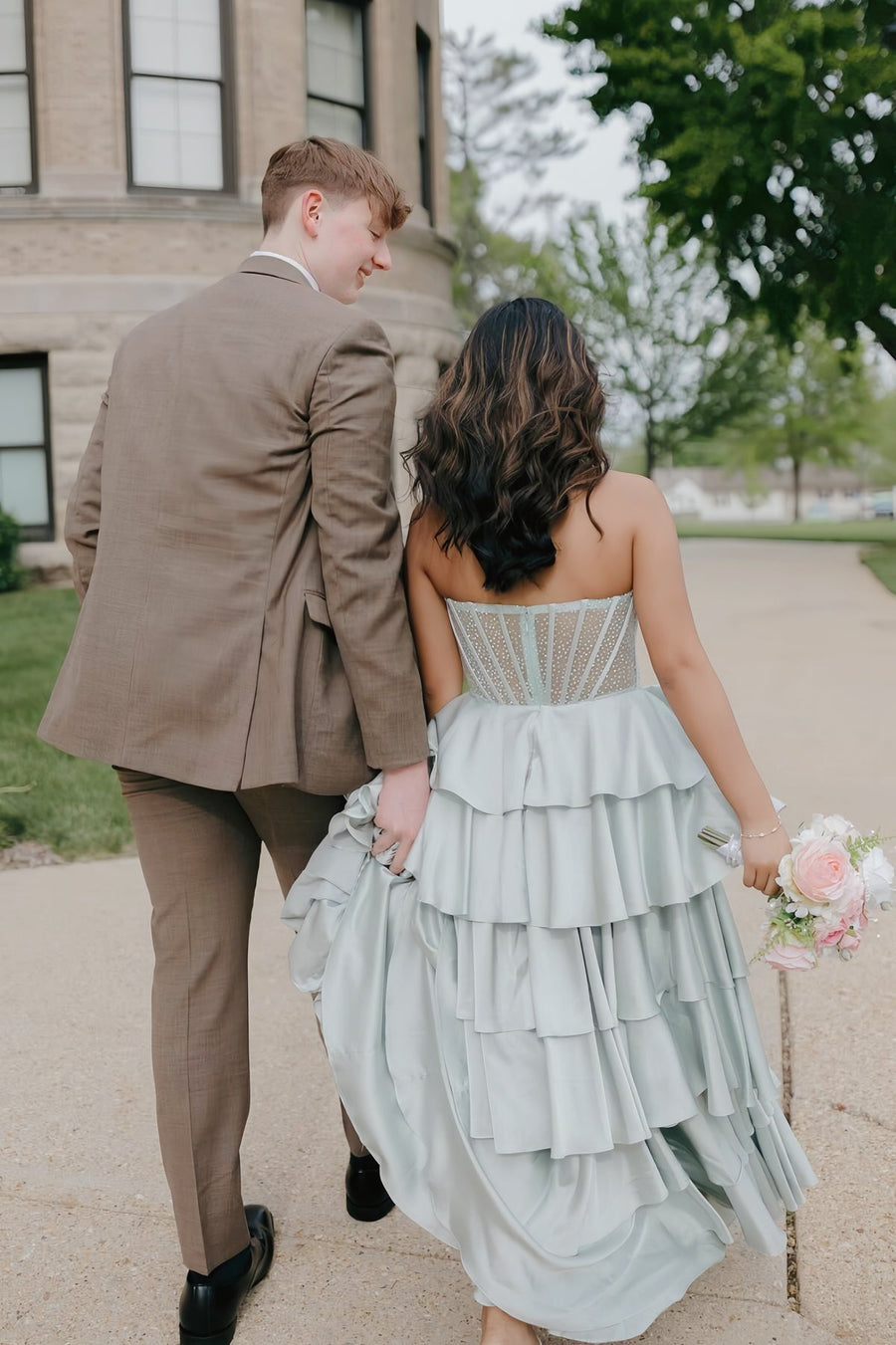 Light Sage Beaded Corset Ruffle A-line Prom Dress