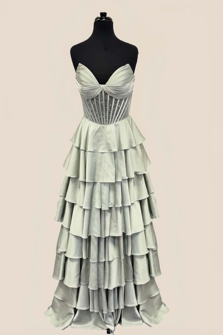 Light Sage Beaded Corset Ruffle A-line Prom Dress