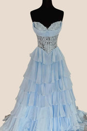 Pink Lace Corset Chiffon Ruffle Long Dress