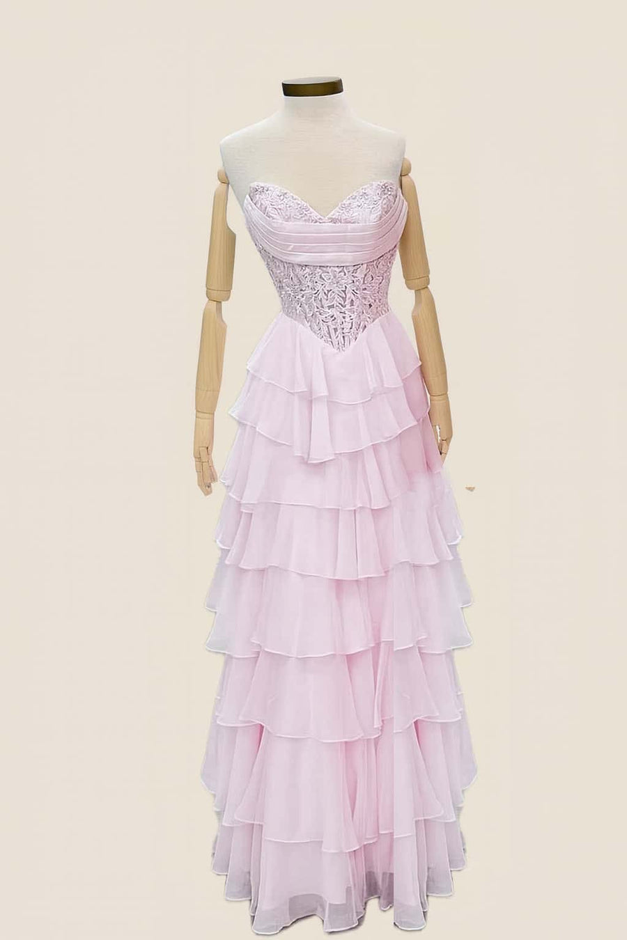 Pink Lace Corset Chiffon Ruffle Long Dress