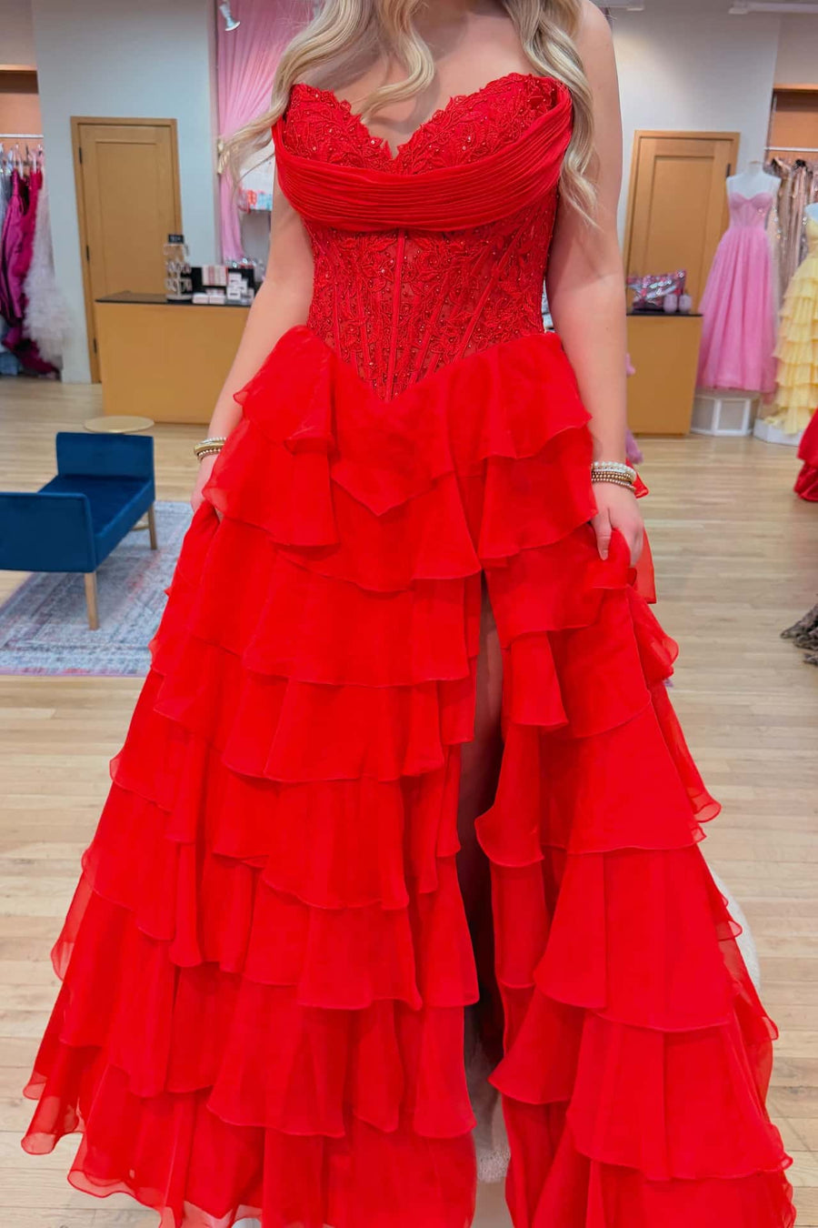 Pink Lace Corset Chiffon Ruffle Long Dress