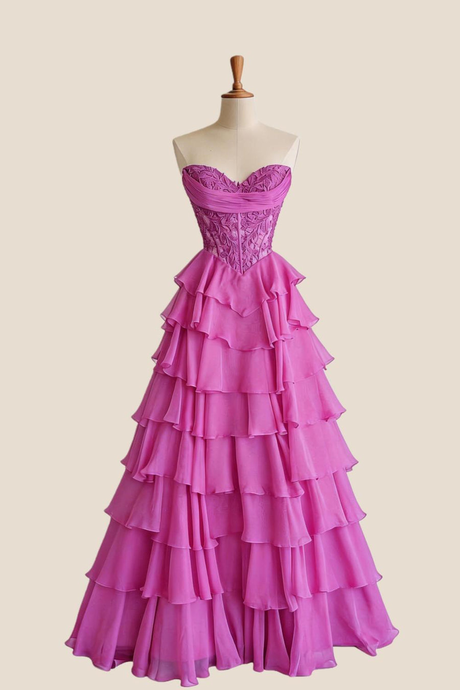 Pink Lace Corset Chiffon Ruffle Long Dress