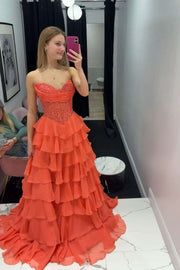 Pink Lace Corset Chiffon Ruffle Long Dress