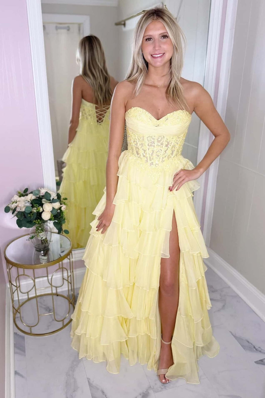 Pink Lace Corset Chiffon Ruffle Long Dress