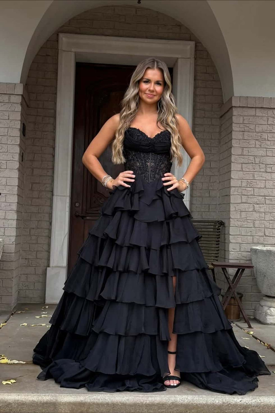 Pink Lace Corset Chiffon Ruffle Long Dress