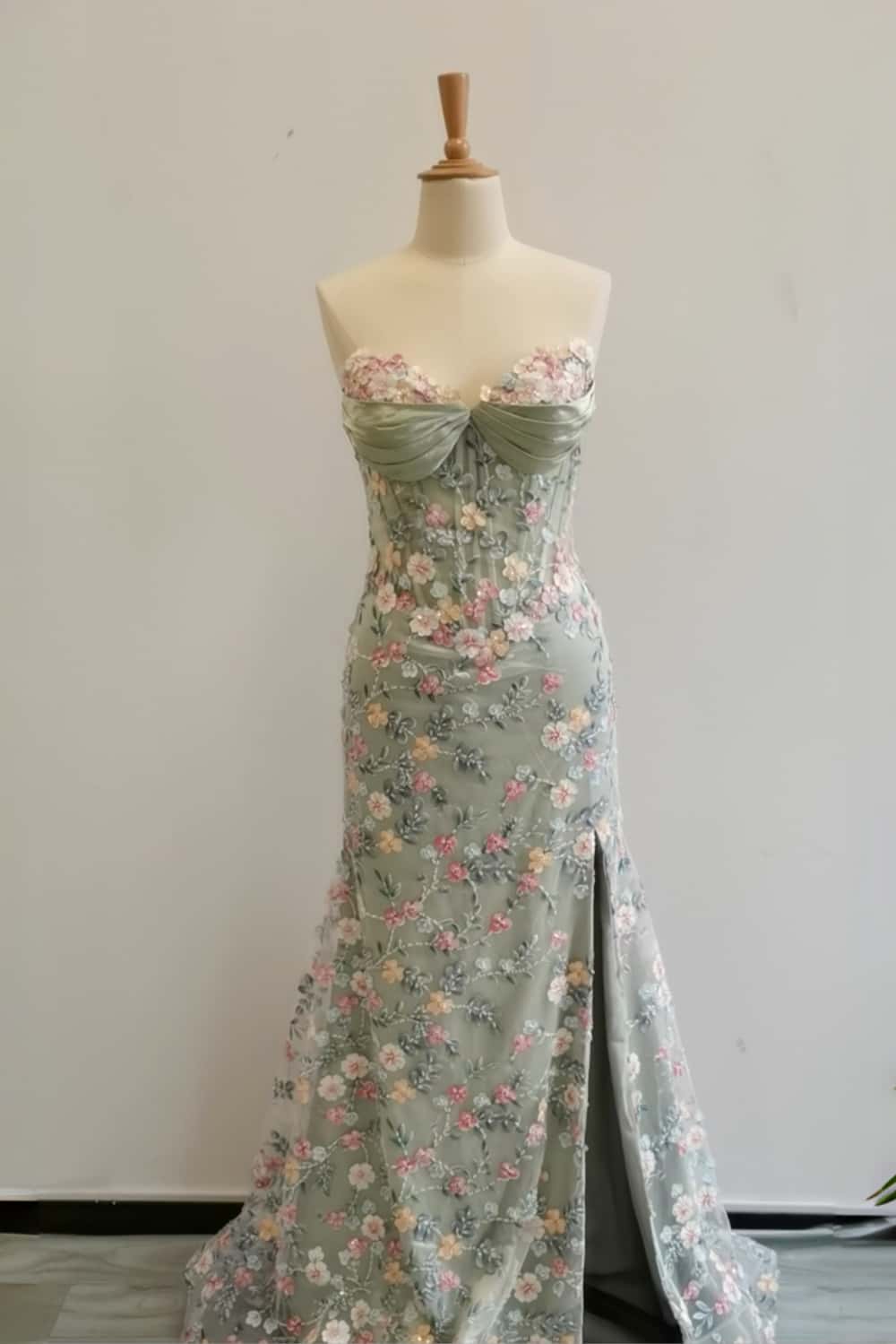 Sage Green Floral Embroidery Corset Fitted Dress