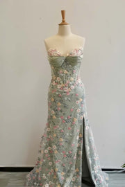 Sage Green Floral Embroidery Corset Fitted Dress