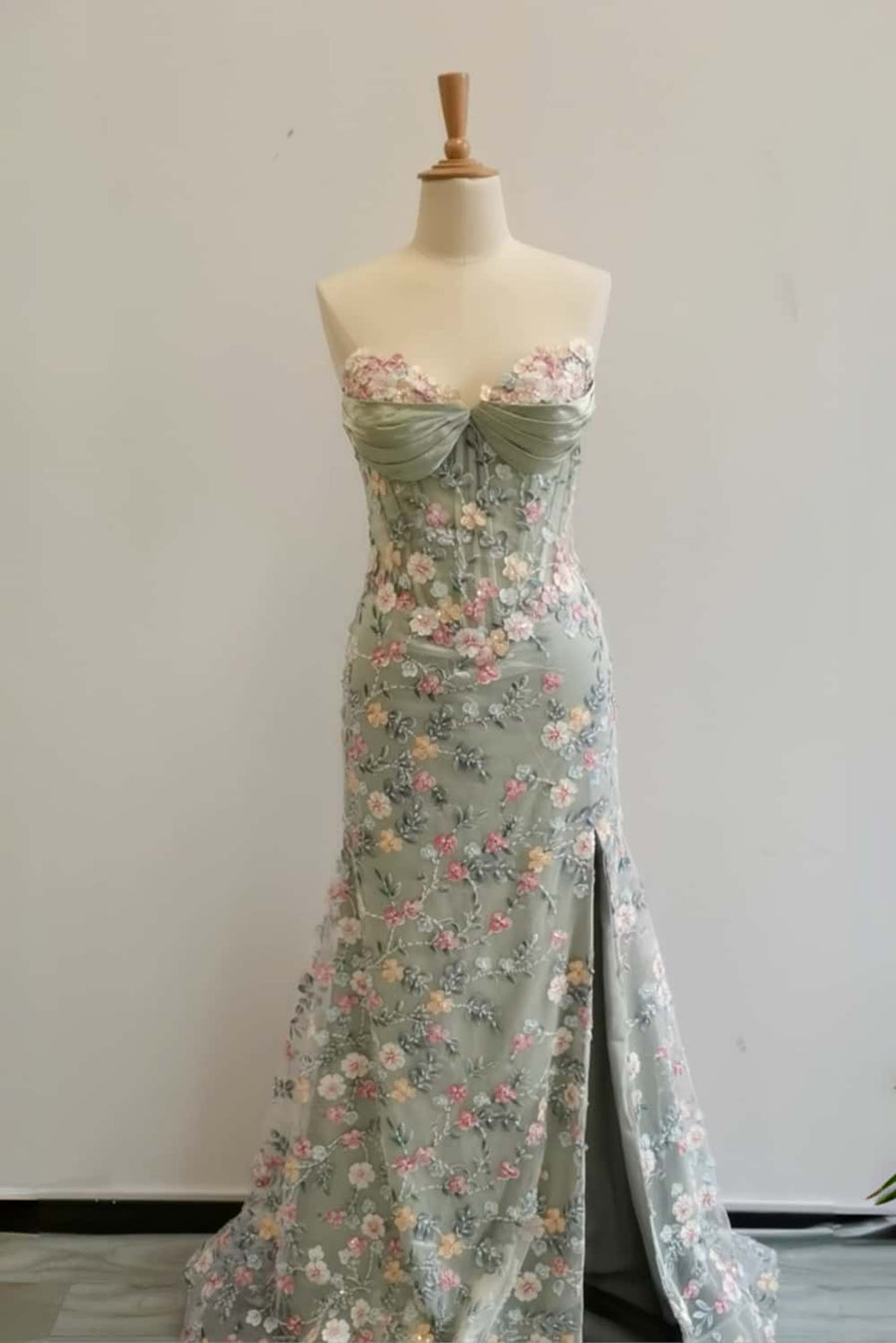 Sage Green Floral Embroidery Corset Fitted Dress