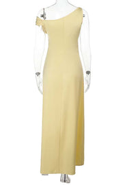 One Shoulder Aqua Satin Fitted Long Maxi Dress