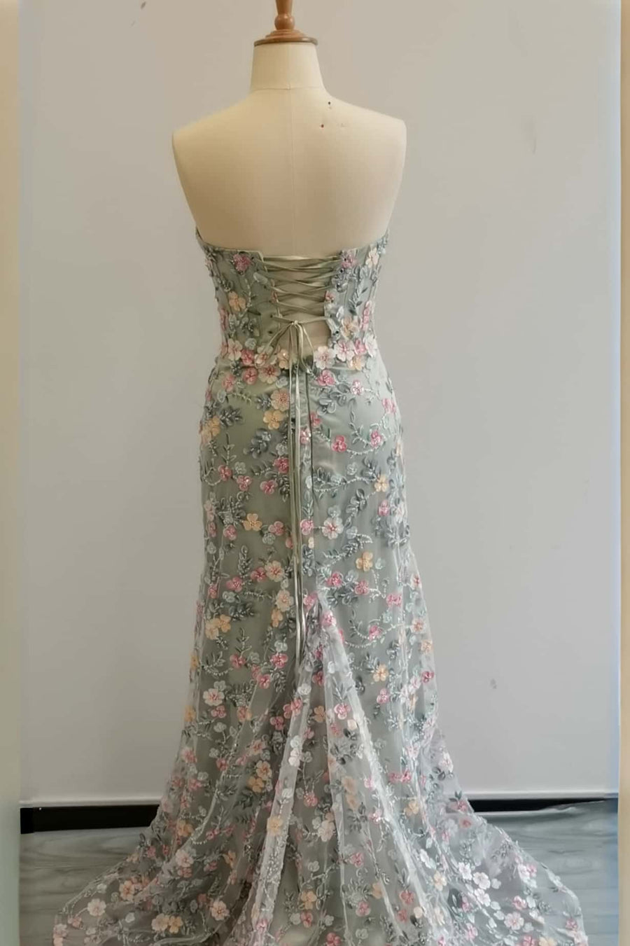 Sage Green Floral Embroidery Corset Fitted Dress