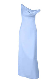 One Shoulder Aqua Satin Fitted Long Maxi Dress
