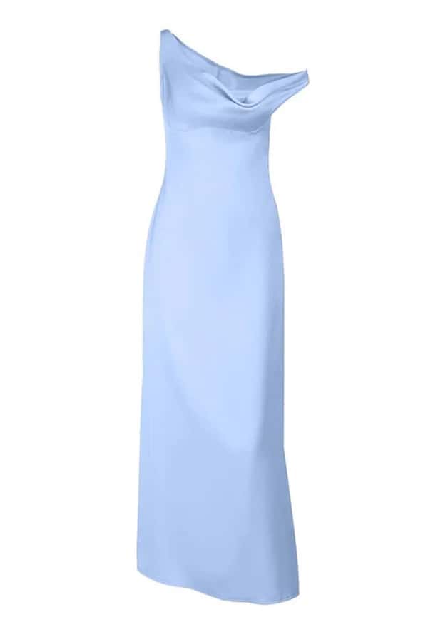 One Shoulder Aqua Satin Fitted Long Maxi Dress
