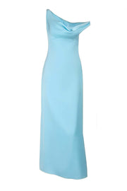 One Shoulder Aqua Satin Fitted Long Maxi Dress