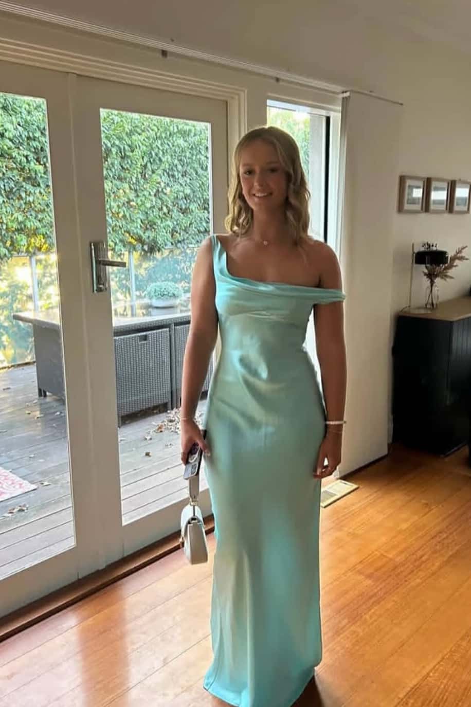 One Shoulder Aqua Satin Fitted Long Maxi Dress