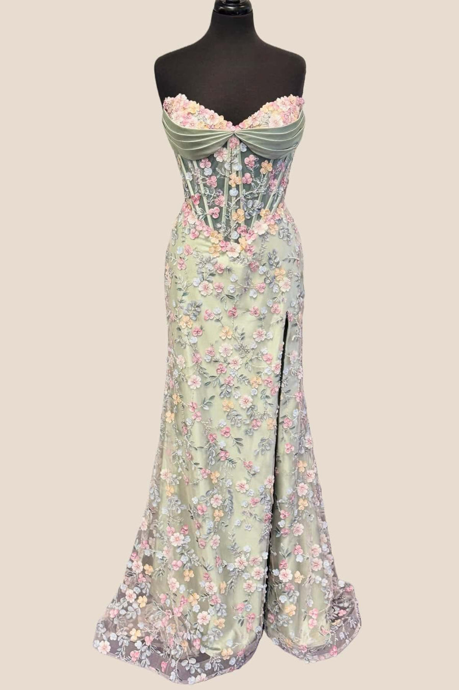 Sage Green Floral Embroidery Corset Fitted Dress
