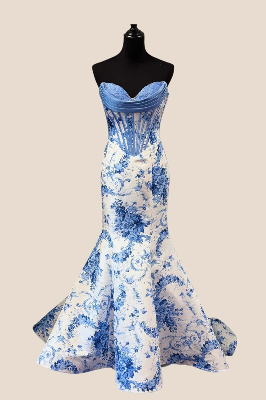 Blue Floral Satin Corset Mermaid Prom Dress