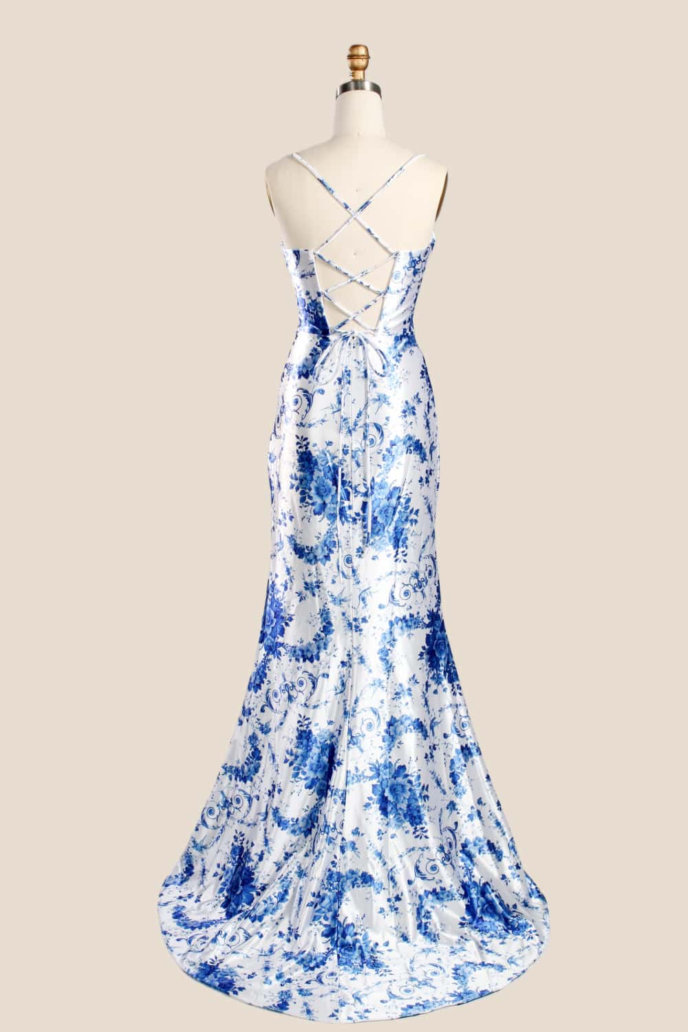 Blue Floral Cowl Neck Ruched Memaid Fitted Dress